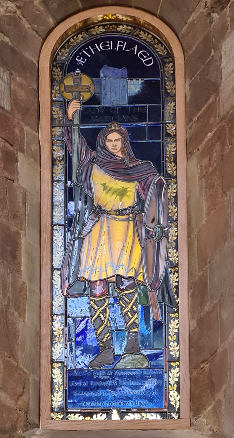 Stained glass of Æthelflæd, Lady of the Mercians, in St Editha's Church, Tamworth